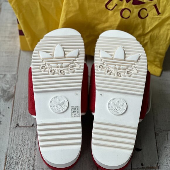 GUCCI NEW ADIDAS MEN’S RED WHITE SLIDES SANDALS SIZE 14 MADE IN ITALY - Picture 4 of 9